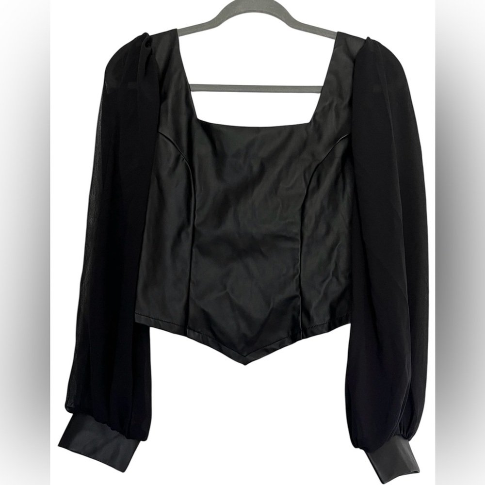 Whimsygoth black cropped faux leather top zip back sheer sleeves gothic Sz S